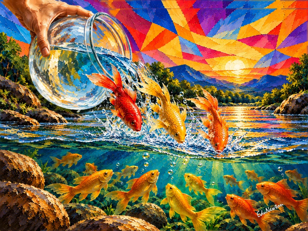 Peixes saltam de um aquário inclinado em direção a um rio.