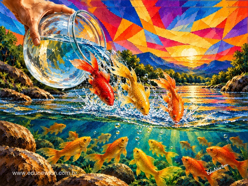 The aquarium tips, and the fish leap toward the river.