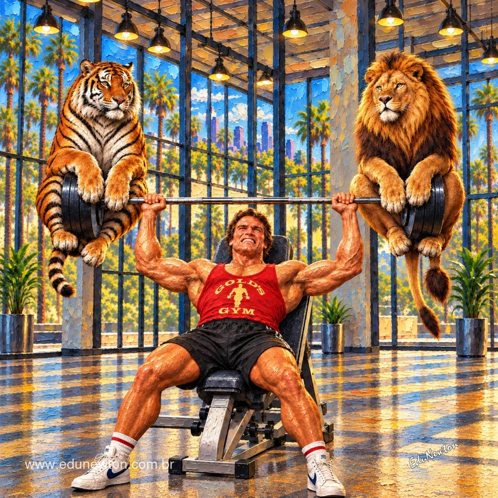 Arnold Schwarzenegger se enfrenta a una carga poco habitual: un tigre y un le&oacute;n sobre la barra.