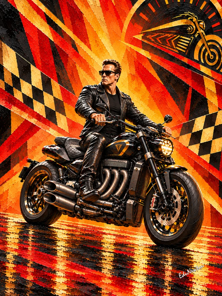 Arnold Schwarzenegger aparece de jaqueta de couro e óculos escuros, guiando uma motocicleta entre diagonais e cores quentes.