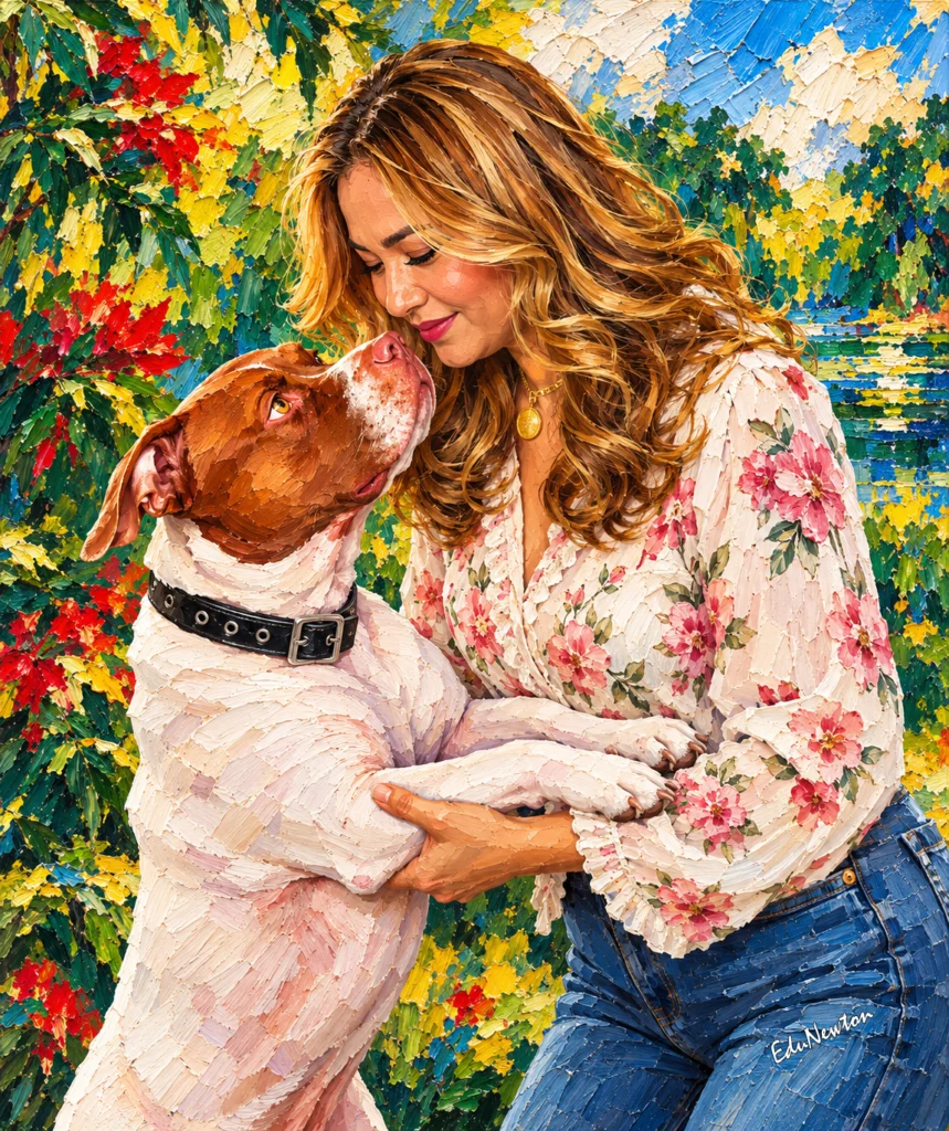 Mulher abraça um cachorro no jardim.