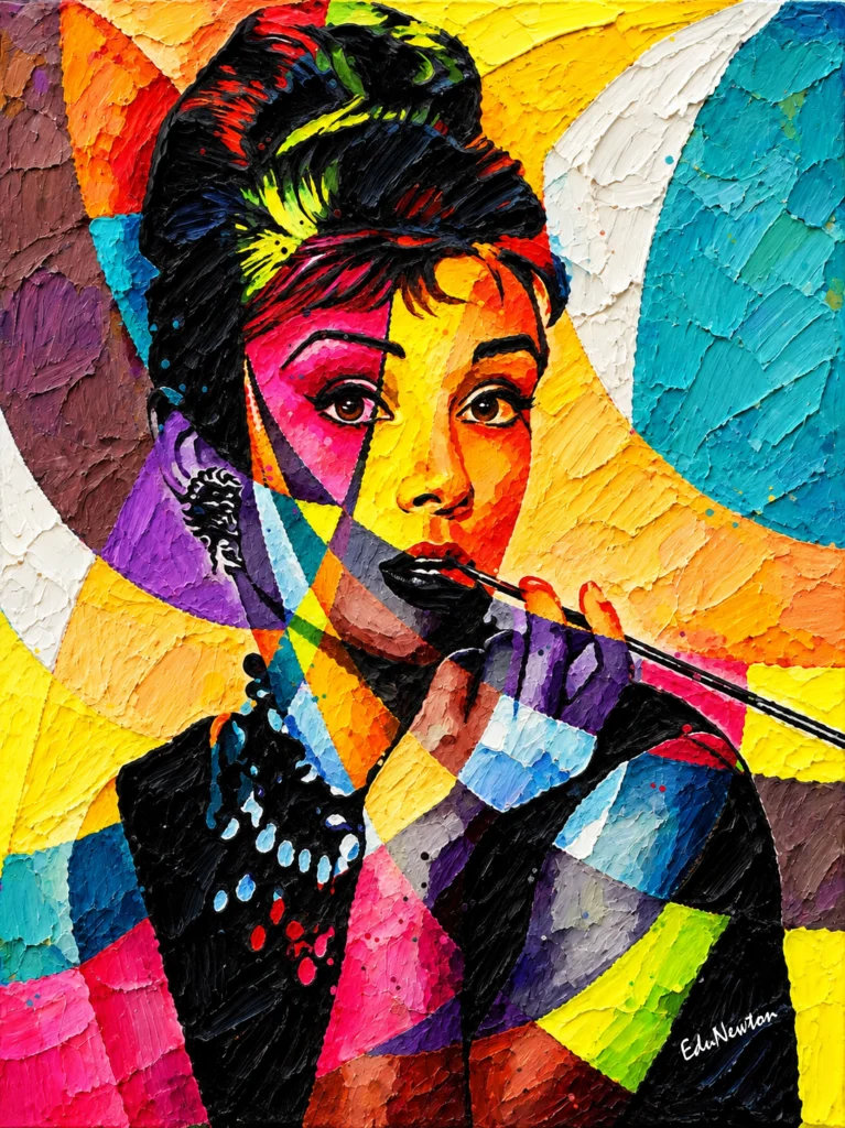 Audrey Hepburn com o visual de Bonequinha de Luxo em um retrato colorido.