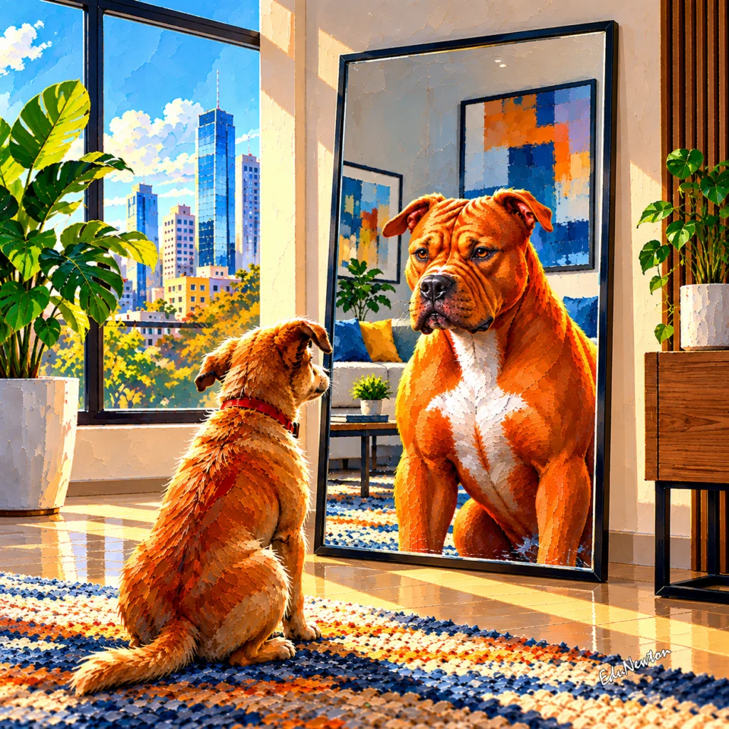 Cachorro pequeno diante de um espelho com o reflexo de um pitbull.