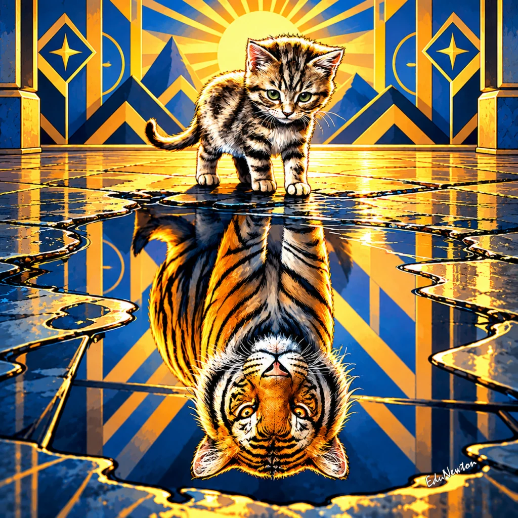 Gatinho olha para a água e vê um tigre refletido.