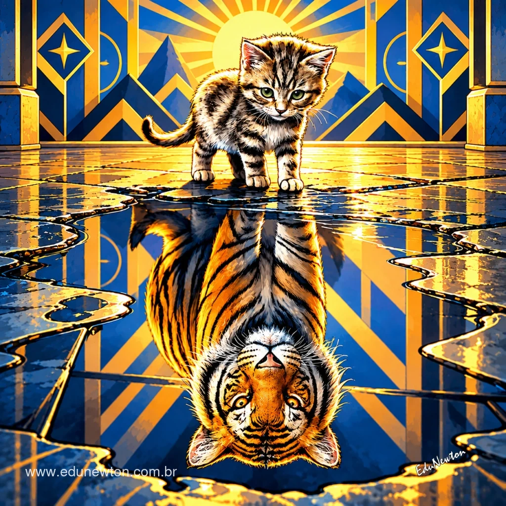Un gatito mira el agua y ve un tigre.