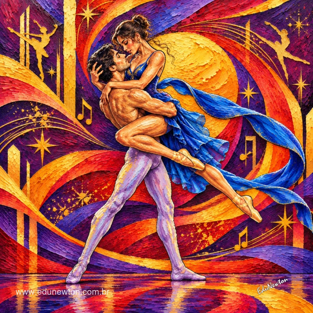 The dancers' embrace extends through their arms, legs, and blue fabric.