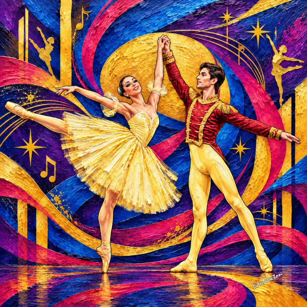 Bailarinos de O Quebra-Nozes dançam entre estrelas e notas musicais.