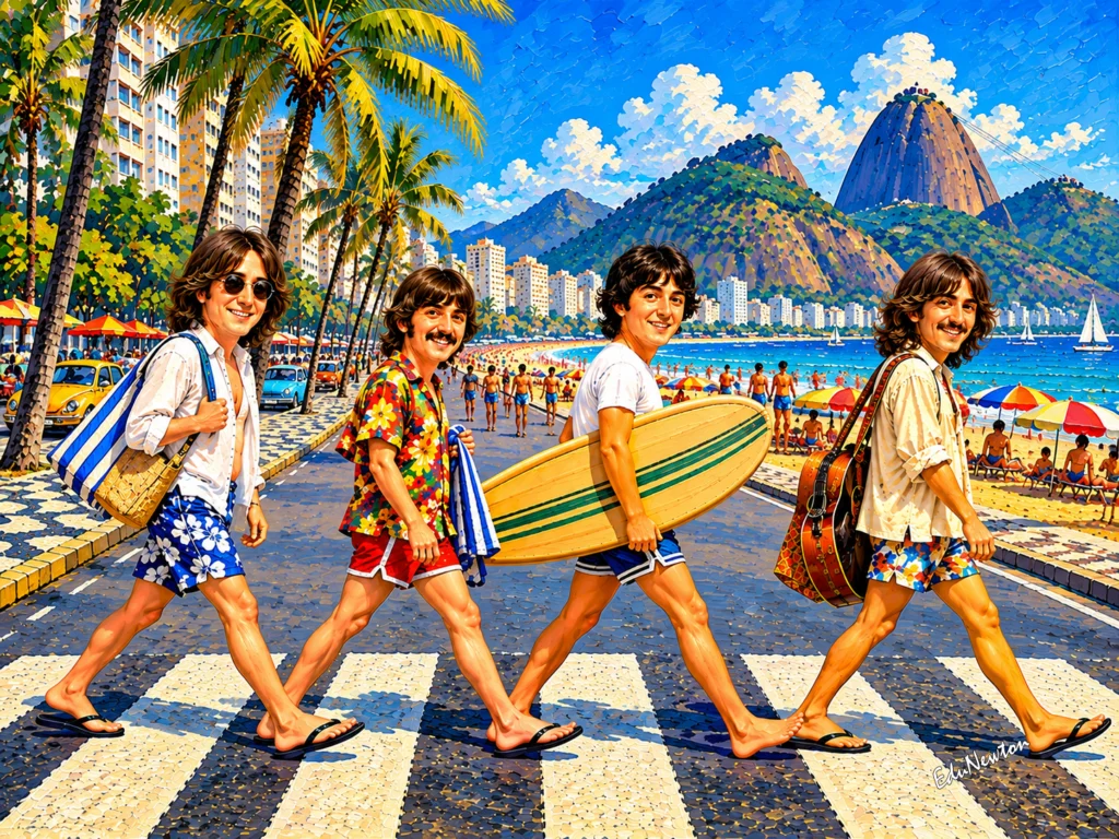 Os Beatles atravessam Copacabana com roupas de verão e uma prancha de surfe.