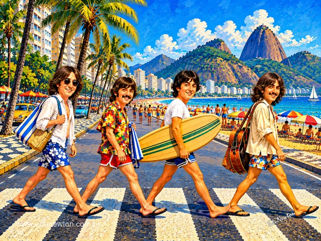 The Beatles' famous crossing takes on summer clothes, a surfboard, and a Rio backdrop.