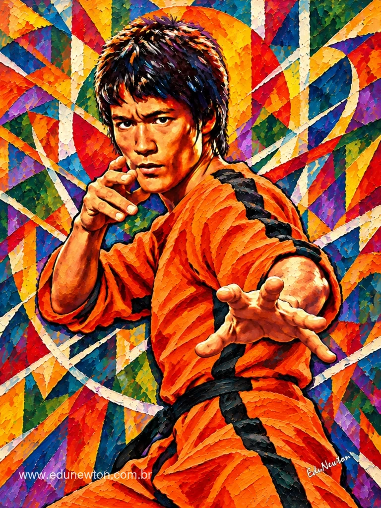 Manos en guardia y mirada firme: Bruce Lee se prepara para el combate en una escena inspirada en el kung-fu.