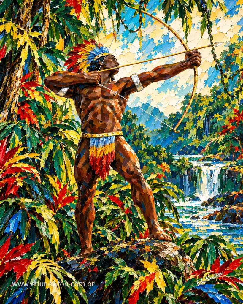 La figura identificada en el archivo original como un caboclo tupinamb&aacute; tensa el arco entre la vegetaci&oacute;n, cerca del agua.