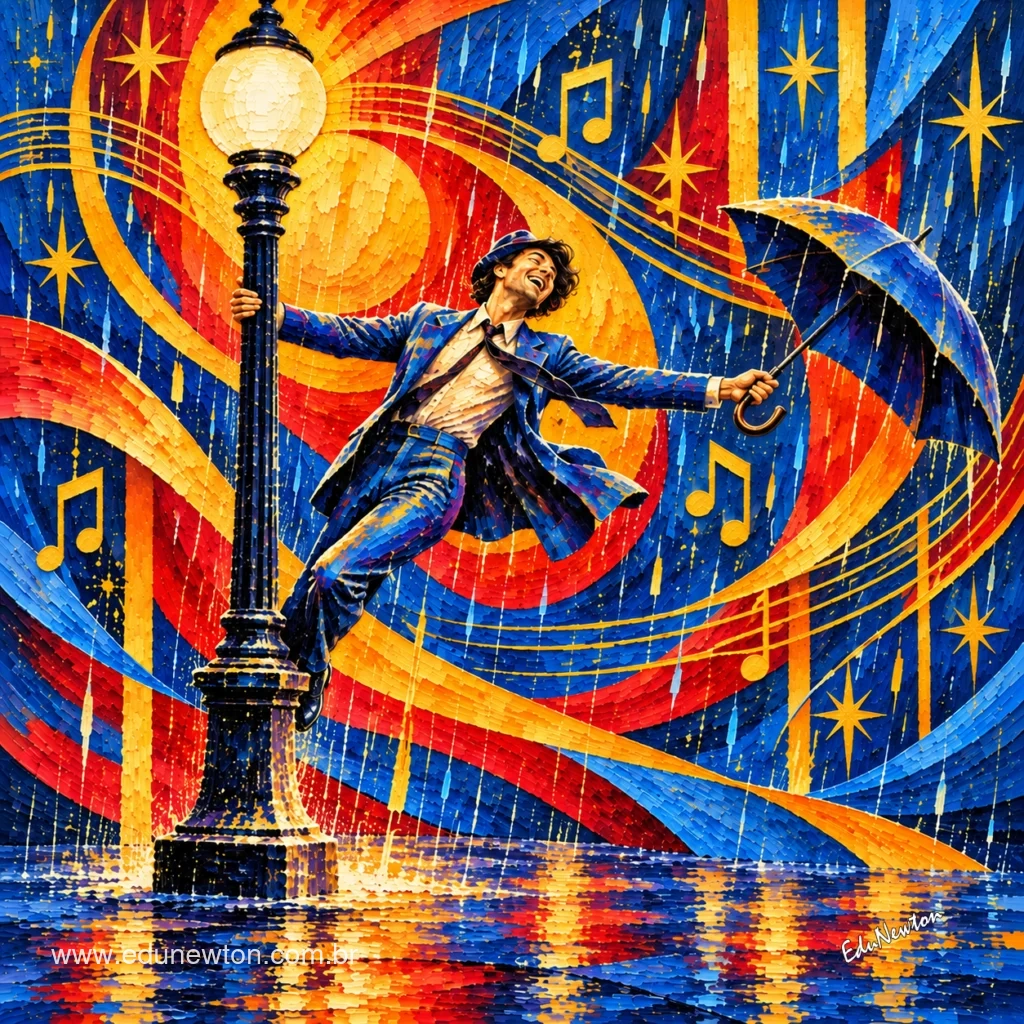 Gene Kelly, un paraguas y una farola: Cantando bajo la lluvia se llena de curvas, notas musicales y reflejos de colores.