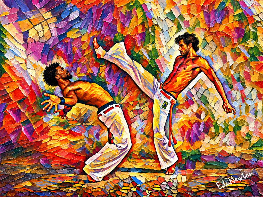 Dois capoeiristas em movimentos de ataque e esquiva entre formas coloridas.