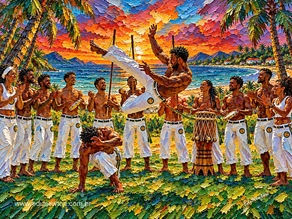 At sunset, the capoeira circle brings together clapping, instruments, and bodies in motion.