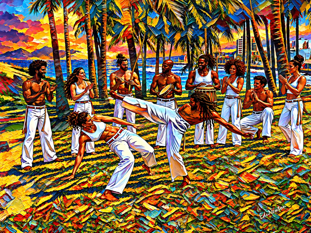 Dois capoeiristas jogam no centro da roda, cercados por música, palmas e coqueiros.