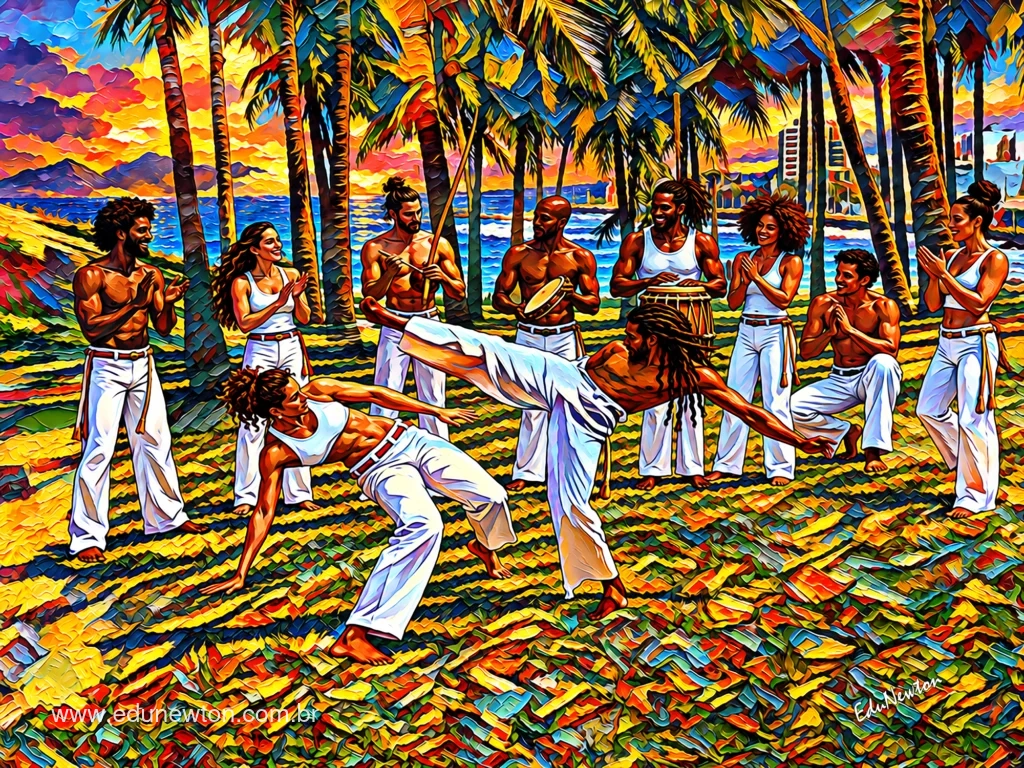 Dos capoeiristas juegan en el centro de la rueda, rodeados de m&uacute;sica, palmas y cocoteros.