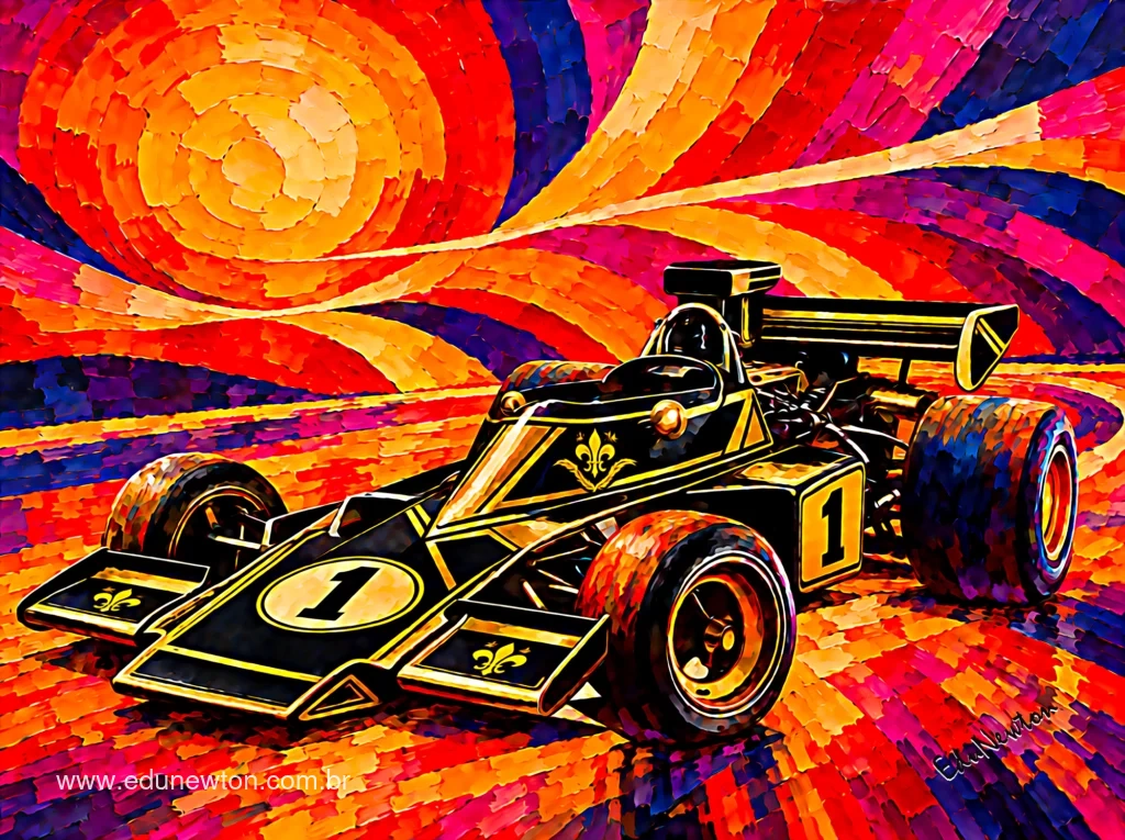 Un coche de F&oacute;rmula 1 inspirado en los a&ntilde;os setenta aparece bajo, ancho y preparado para la velocidad, con grandes neum&aacute;ticos y el dise&ntilde;o caracter&iacute;stico de la &eacute;poca.