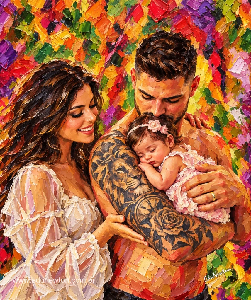 A daughter sleeps in her father's arms while her mother approaches with a smile.