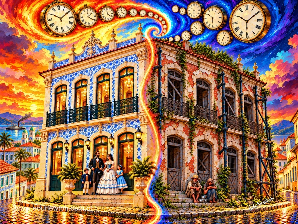 The same historic house appears both preserved and in ruins beneath a sequence of clocks.