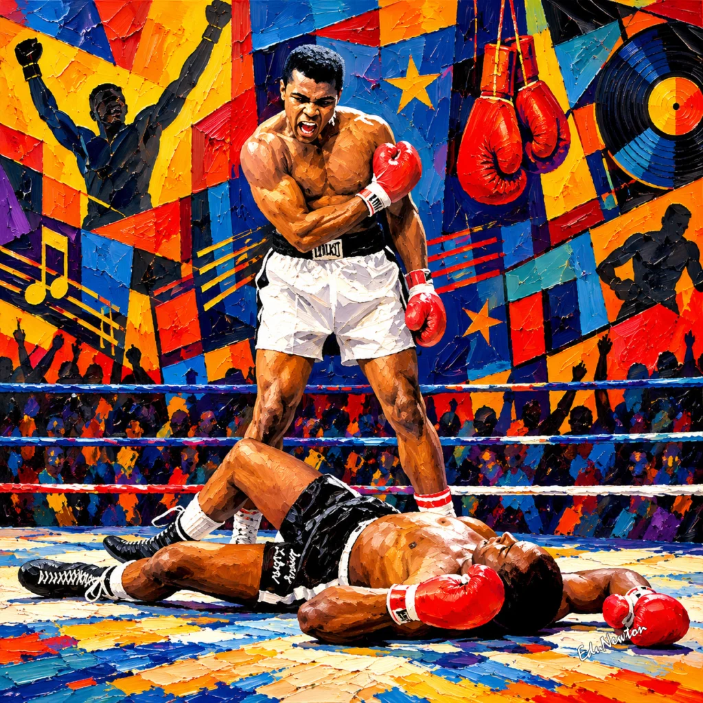 Boxeador em pé diante do adversário caído no ringue.