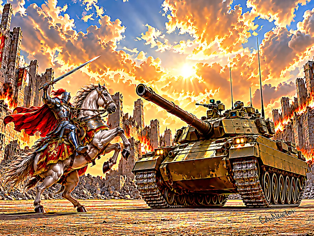 Um cavaleiro ergue a espada diante de um tanque de guerra.
