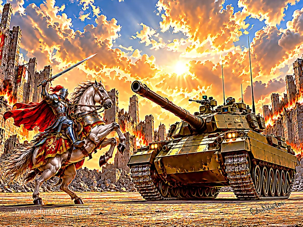 A knight raises his sword before a tank.