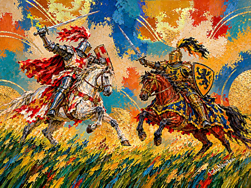 Dois cavaleiros medievais avançam em seus cavalos, com espadas erguidas e capas ao vento.
