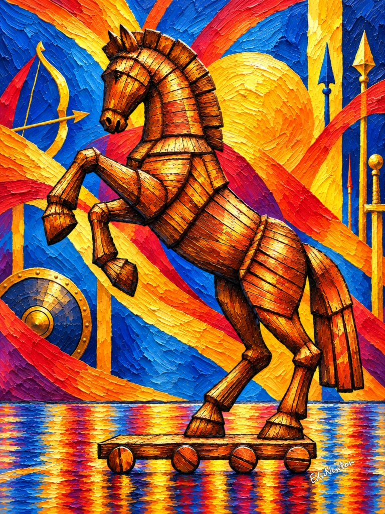 O Cavalo de Troia se ergue entre lanças, escudo e cores vibrantes.