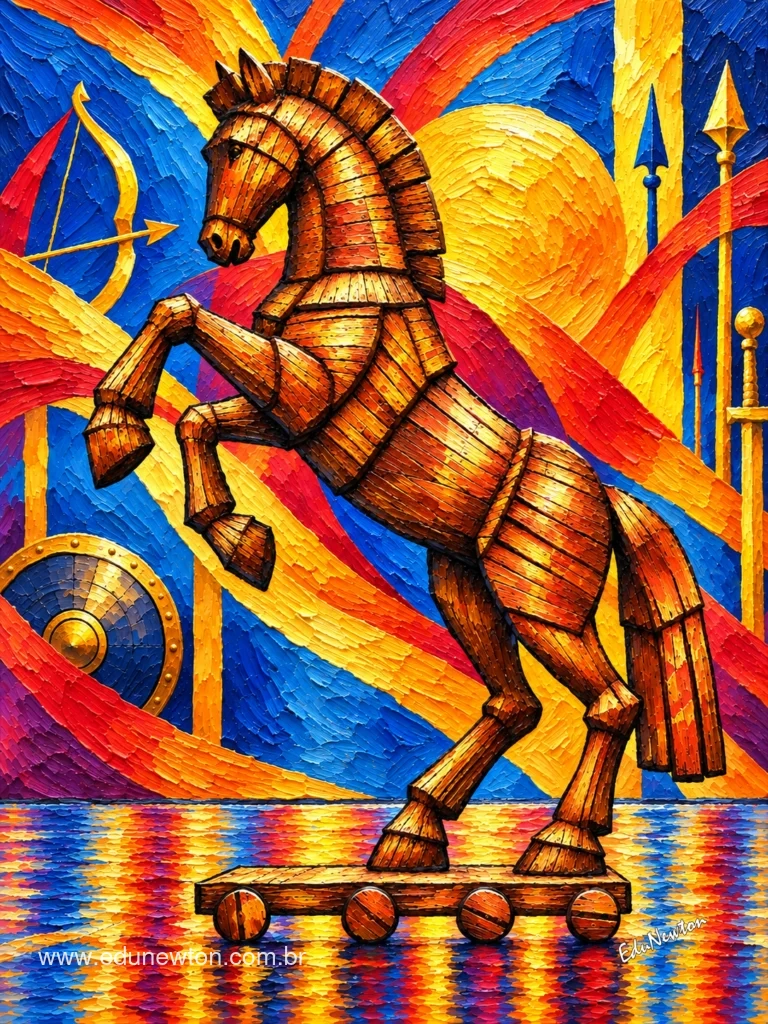 The Trojan Horse rises amid spears, a shield, and vibrant colors.
