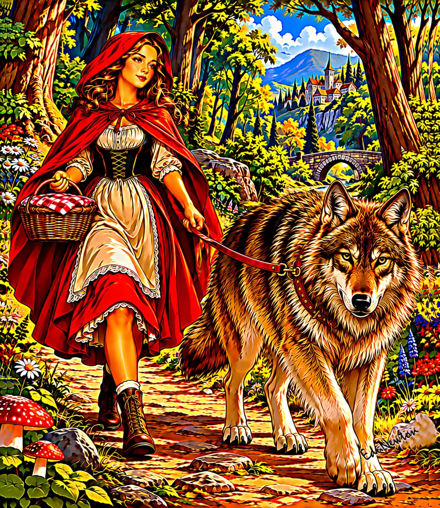 Agora é Chapeuzinho Vermelho quem leva o lobo para passear na coleira.