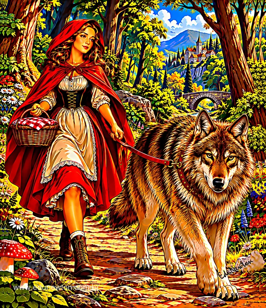 Ahora es Caperucita Roja quien saca al lobo a pasear con correa.
