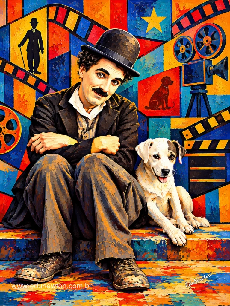Charles Chaplin y un perro comparten la escena en una referencia a Vida de perro, con cercan&iacute;a y expresiones afectuosas.