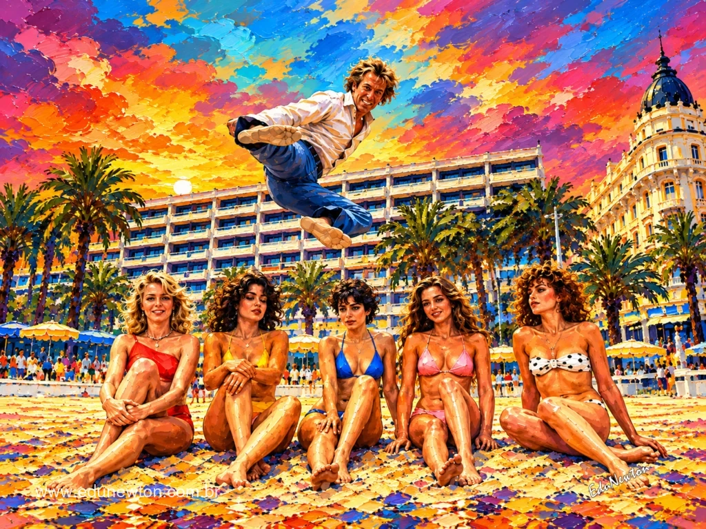 Chuck Norris salta sobre un grupo de mujeres en la playa, en una escena de acción rodeada de colores de atardecer.
