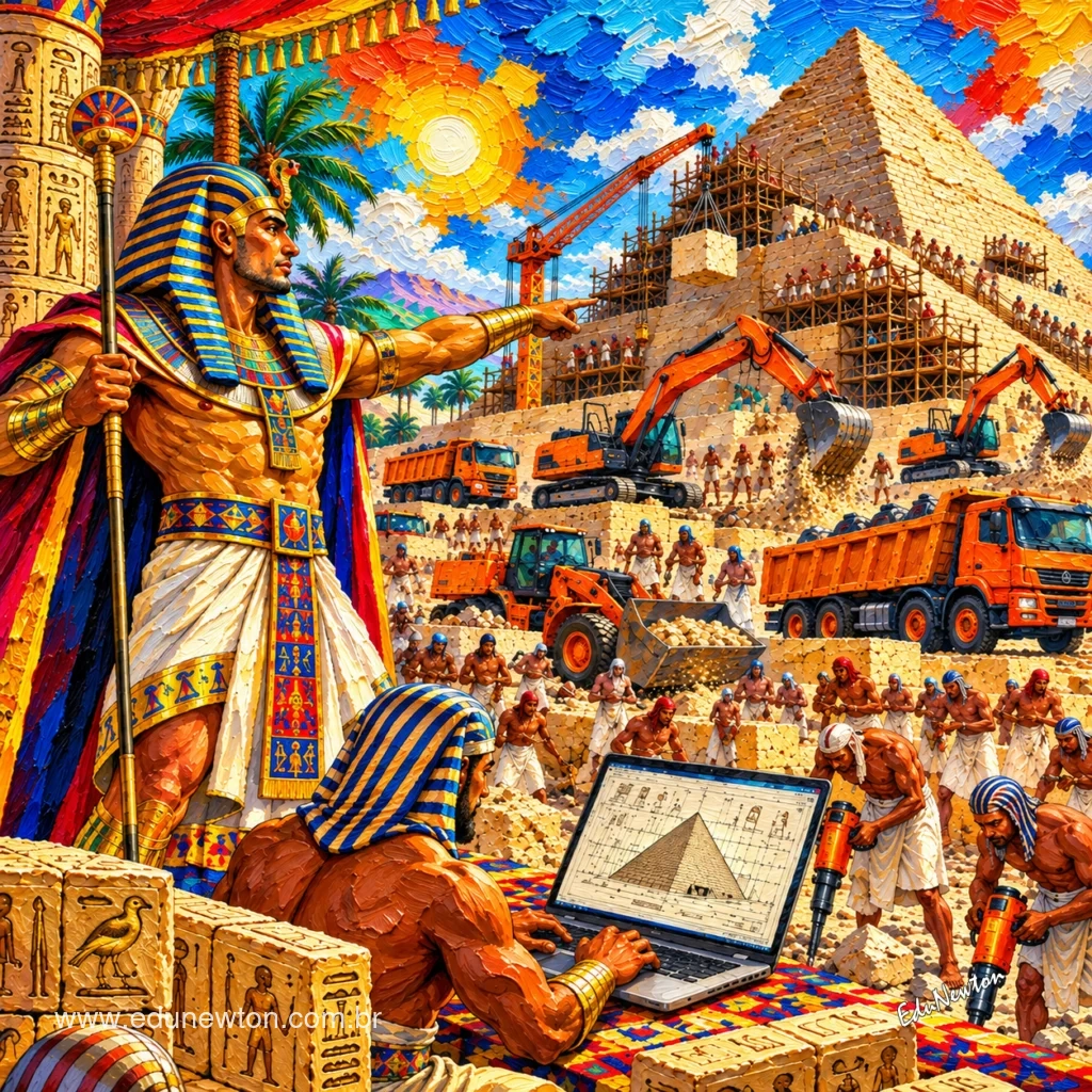 Pyramids under construction, excavators at work, and a computer on site.