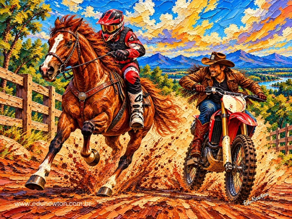 El motorista monta a caballo y el vaquero conduce la moto.