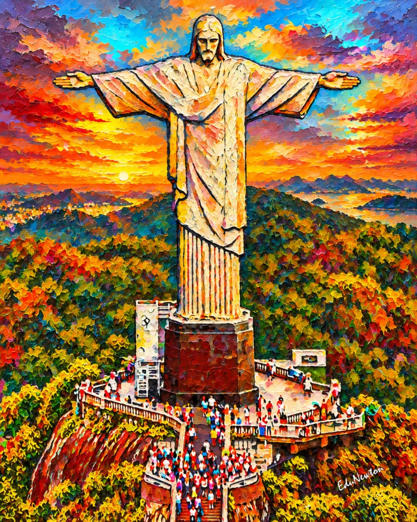 O Cristo Redentor surge de frente, acima do verde e cercado por um céu luminoso.