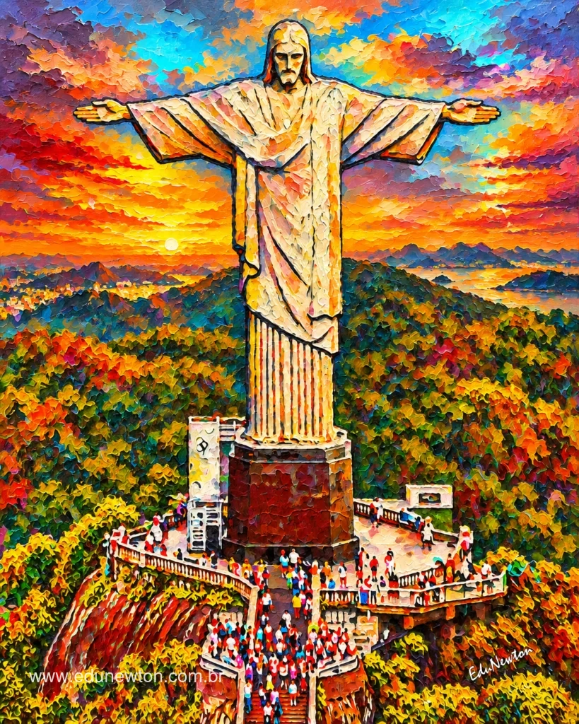 El Cristo Redentor aparece de frente, por encima del verde y rodeado de un cielo luminoso.