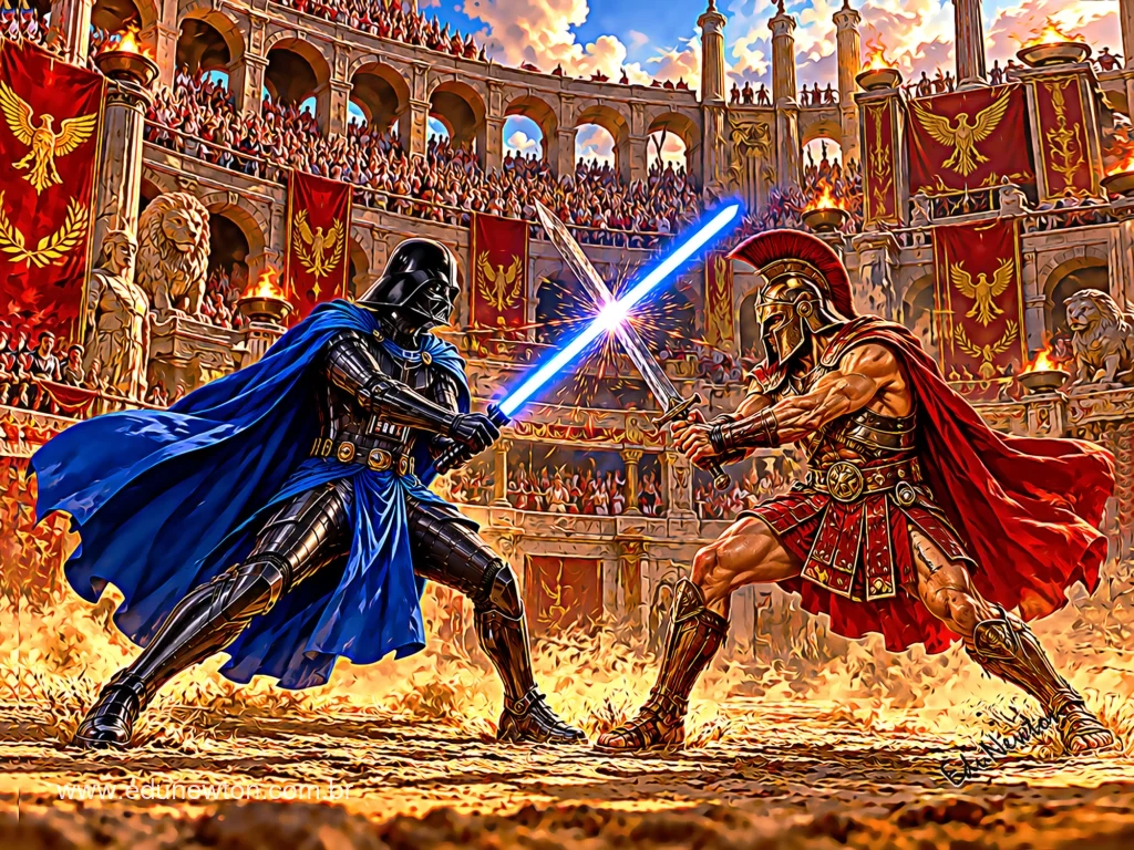 Darth Vader se enfrenta a un gladiador ante las gradas del Coliseo.