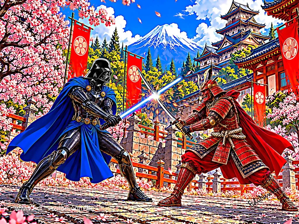Entre cerezos, un castillo y montañas, Darth Vader se enfrenta a un samurái.