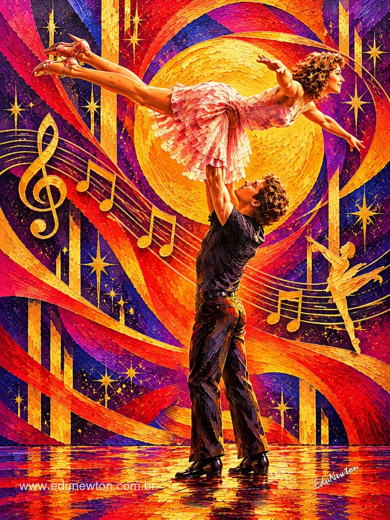 Patrick Swayze lifts Jennifer Grey in the iconic Dirty Dancing leap.