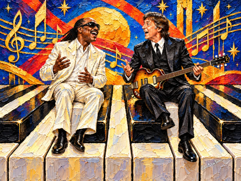 Stevie Wonder e Paul McCartney dividem teclas gigantes de piano.