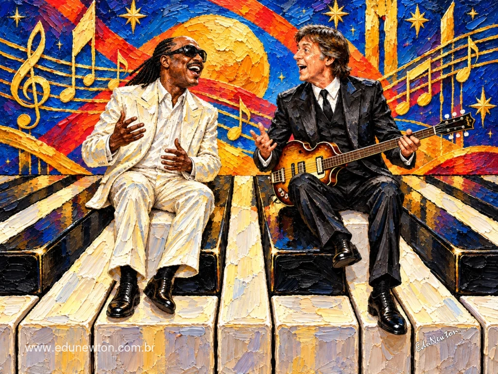 Stevie Wonder and Paul McCartney share giant piano keys, smiles, and music in this reference to Ebony and Ivory.