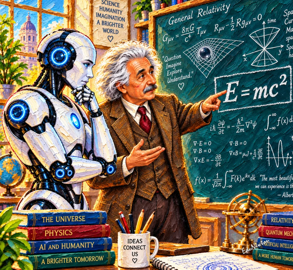 Einstein apresenta uma fórmula a um robô diante do quadro.