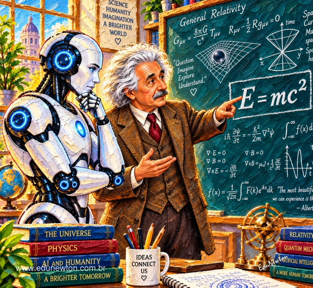 Einstein presenta una f&oacute;rmula a un robot ante la pizarra.