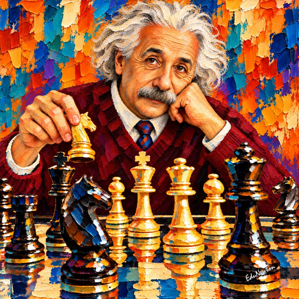 Einstein observa um tabuleiro de xadrez, com uma peça em uma mão e o rosto apoiado na outra.
