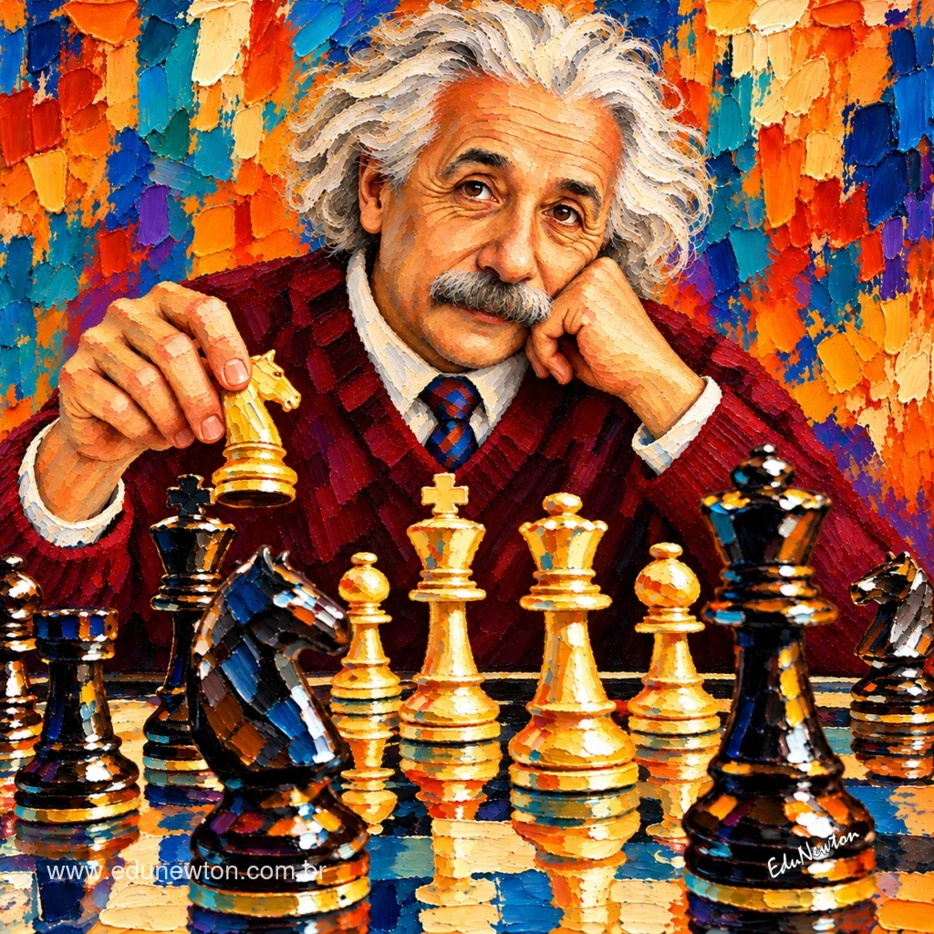 Con una pieza en una mano y el rostro apoyado en la otra, Einstein observa el tablero.