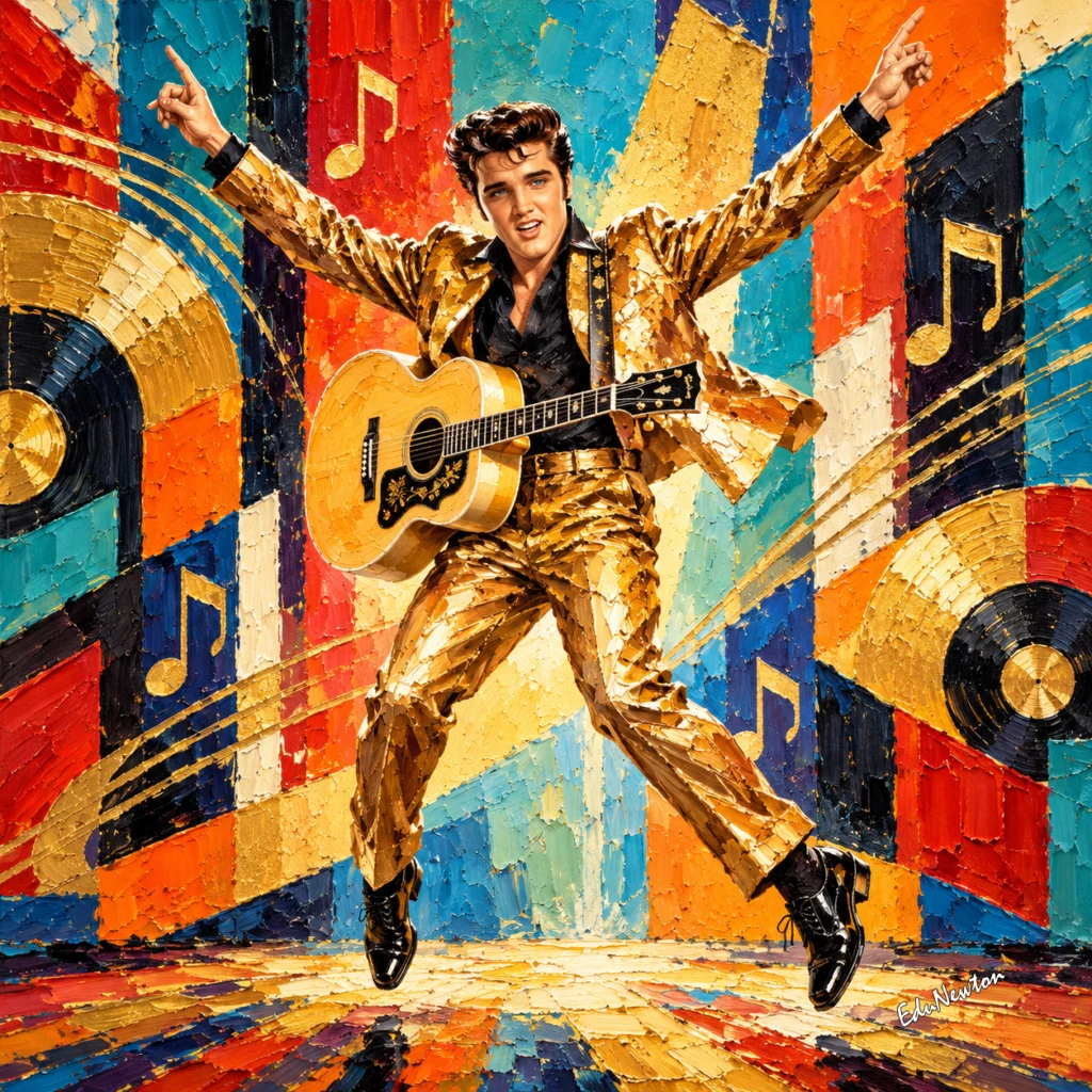 Com roupa dourada, guitarra e braços abertos, Elvis Presley ocupa a cena entre discos e notas musicais.