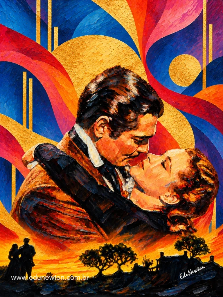 Clark Gable and Vivien Leigh embrace in a scene inspired by Gone with the Wind.