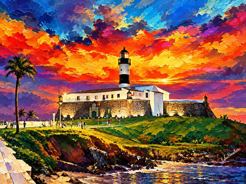 O Farol da Barra se destaca junto ao mar, em Salvador, como ponto marcante da paisagem e da história da cidade.