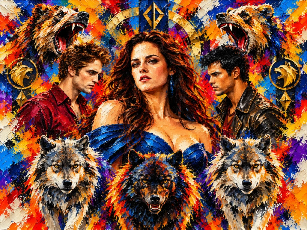 Personagens da saga Crepúsculo aparecem ao lado de lobos e ursos, reforçando o clima de romance, perigo e fantasia.